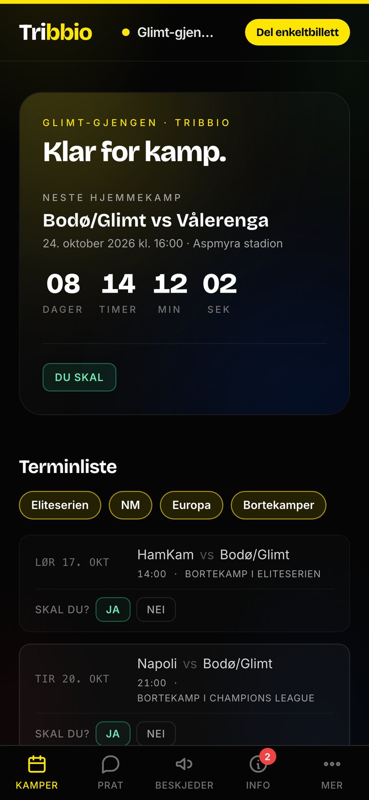 Skjermbilde fra Tribbio: neste hjemmekamp og terminliste med Skal du